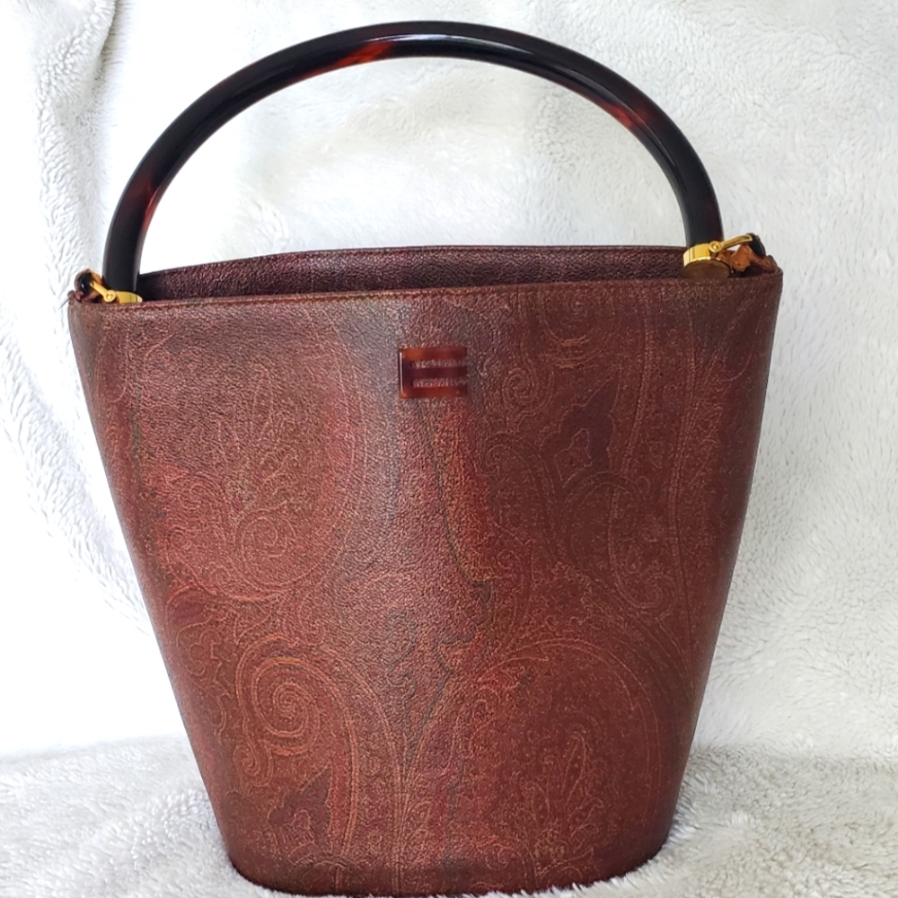 Etro Paisley Leather Bucket Handbag With Solid Handle